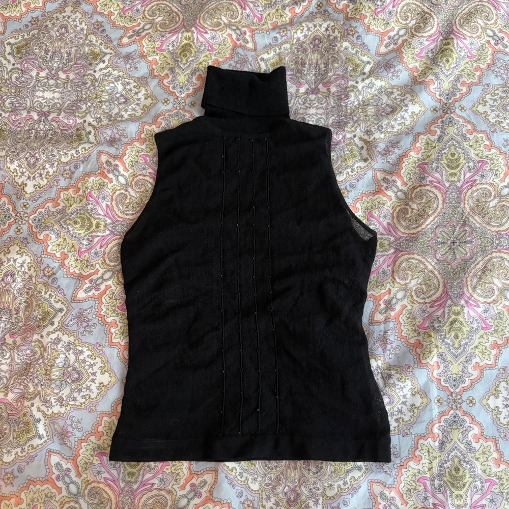 Vintage Black Beaded Sleeveless Turtleneck Top